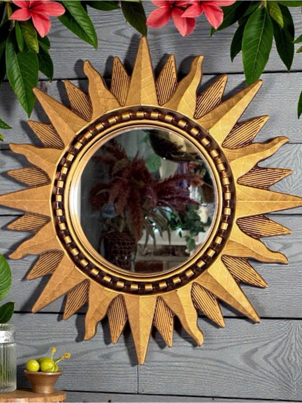 Vtg Gold Sunburst Wall Mirror Round Starburst Mid Century Modern 16"
